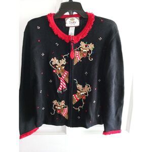 Tiara Large Petites Ugly Christmas Sweater‎ Black Zip Animal Red Embroidery